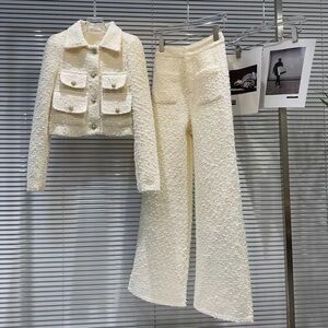 Elegant Cream Women's Tweed Pants & Jacket Set